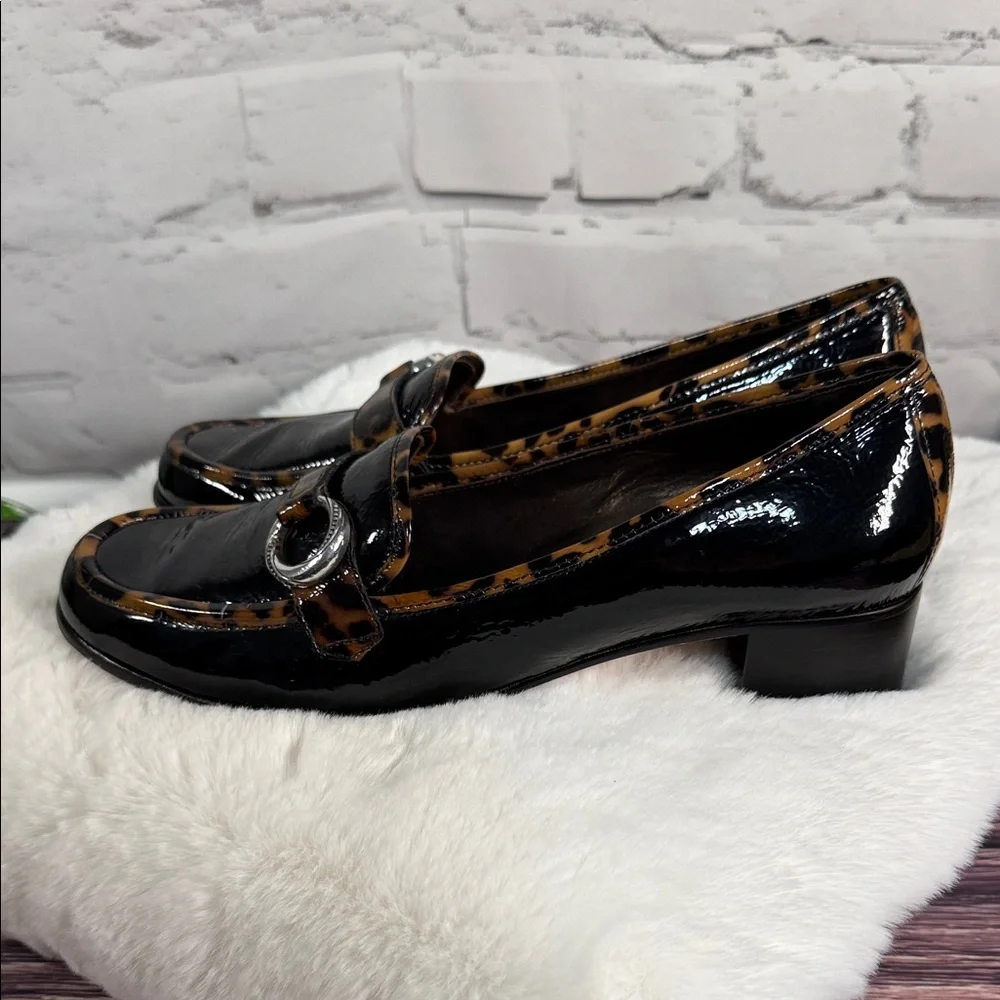 Brighton Actor patent leather loafers in‎ black with leopard print trim EUC